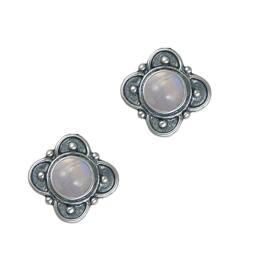 Sterling Silver Designer Post Stud Earrings With Rainbow Moonstone